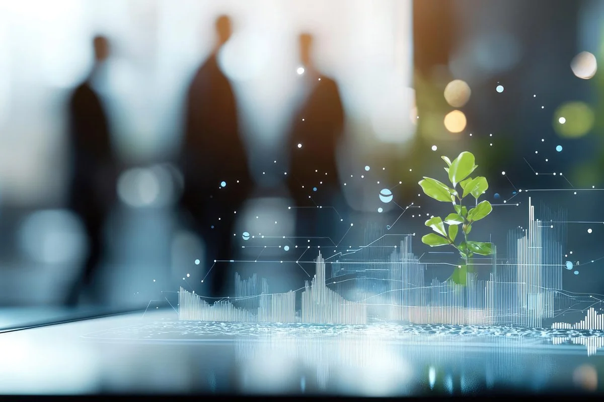 A small green plant growing from soil with digital graph overlays, blurred silhouettes of three business people in the background.