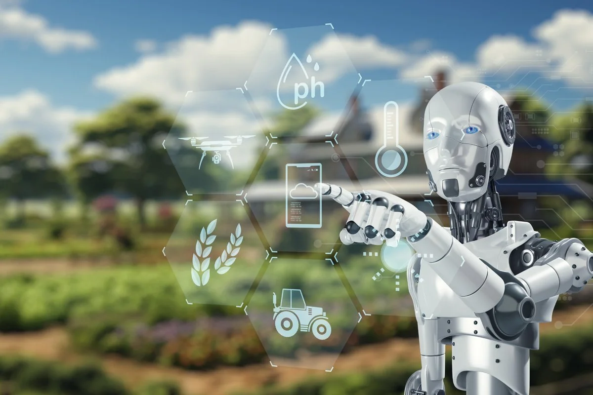 A humanoid robot interacts with a virtual interface displaying environmental and agricultural icons, with a farm background and a blue sky.