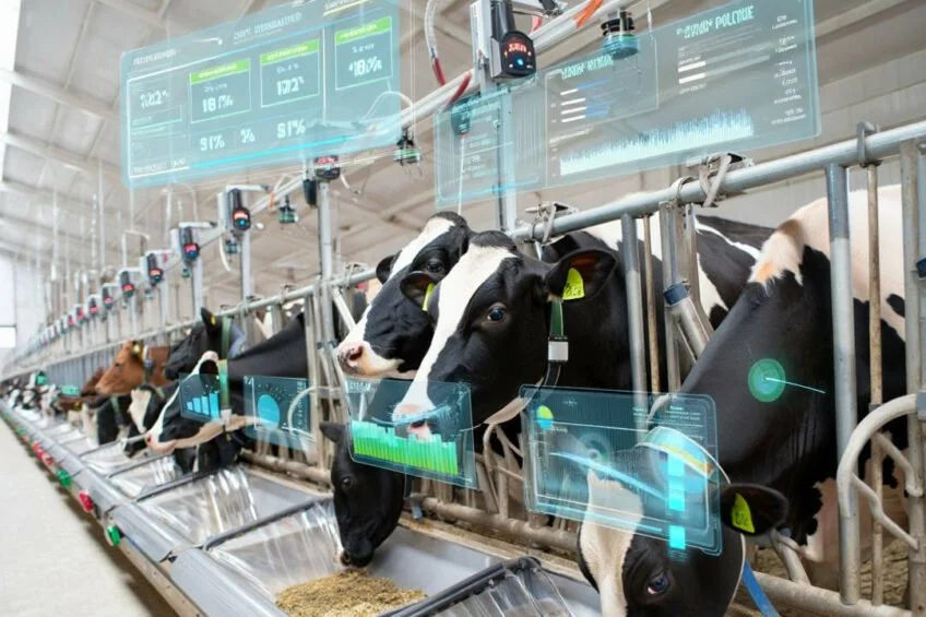 Dairy cows in a modern barn with AI‑powered data overlays showing health, production and environmental metrics in precision agriculture.