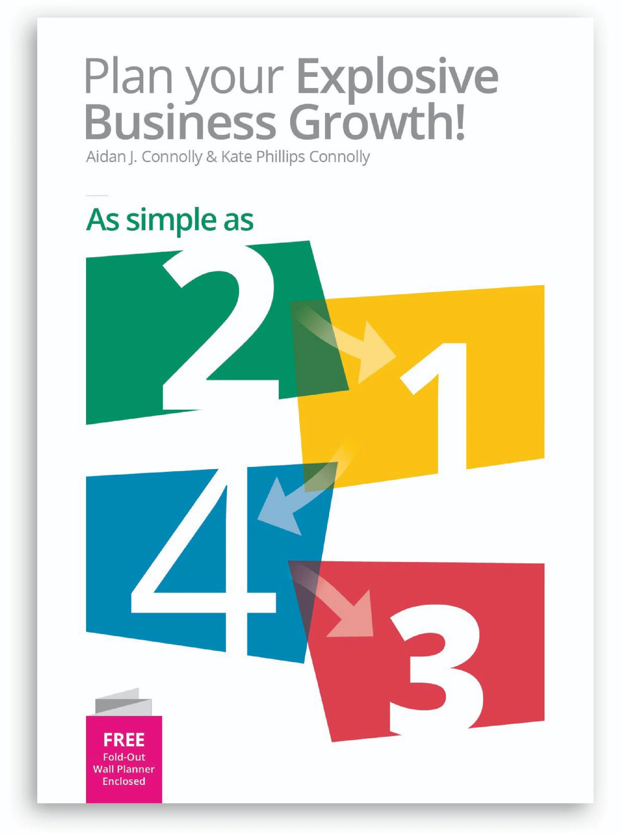 Colorful wall planner with large numbers 1 through 5, arranged creatively in colored squares, with text about planning and business growth, and a pink label indicating a free fold-out wall planner enclosed.