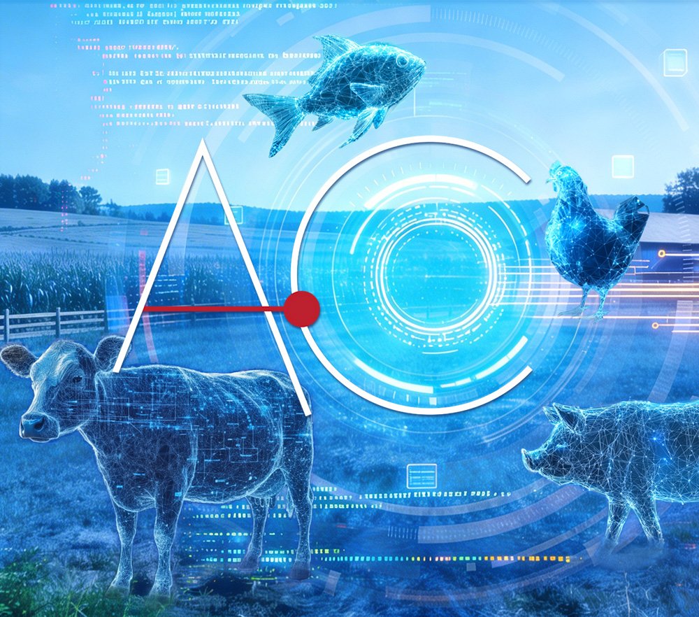 Futuristic digital illustration featuring a cow, a pig, a chicken, and a fish, with holographic and technological design elements over a farm background.