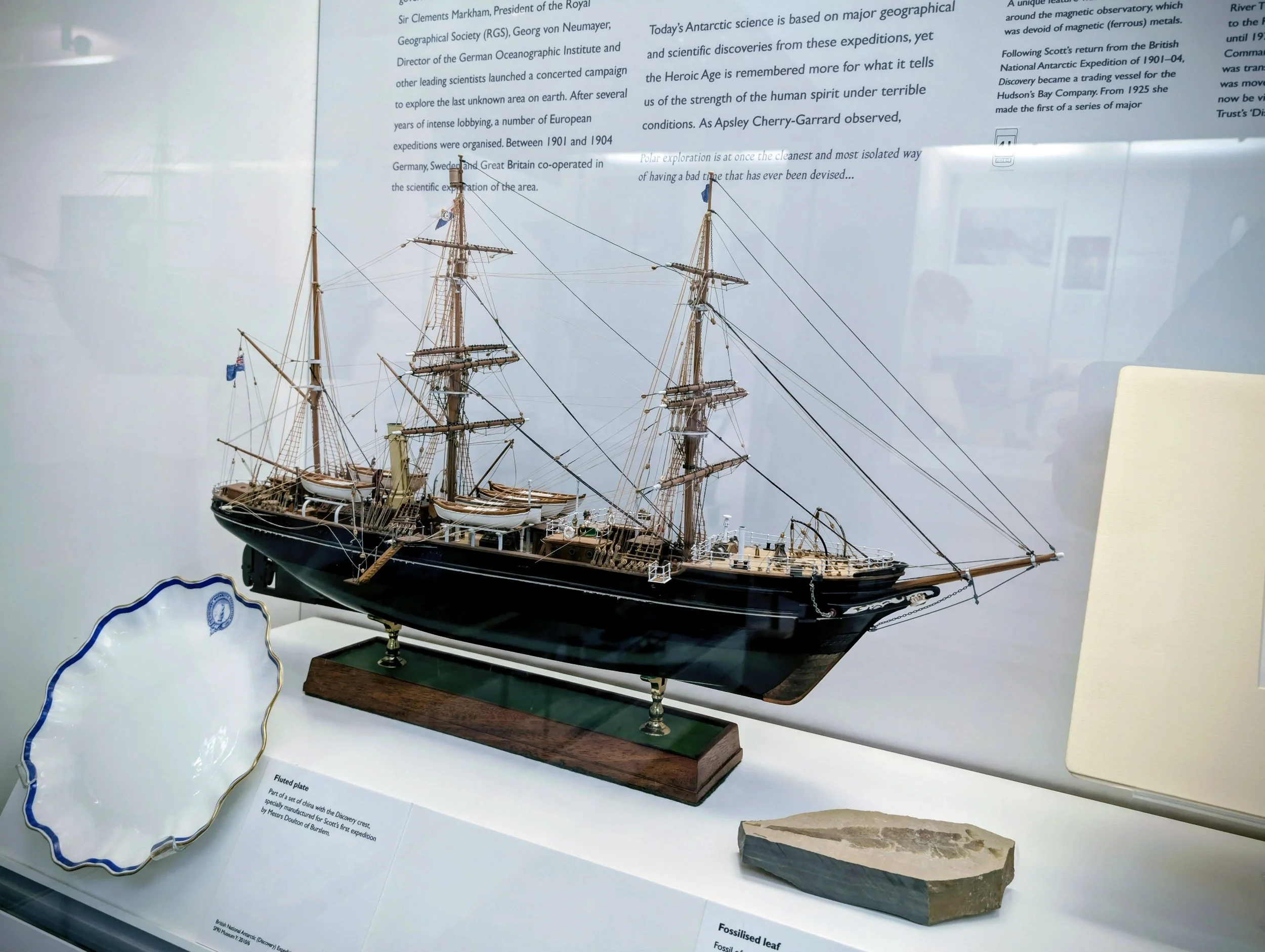 Model of a historic sailing ship displayed in a museum. It is mounted on a wooden base and surrounded by informational plaques, with a decorative porcelain dish and a fossilized leaf nearby.