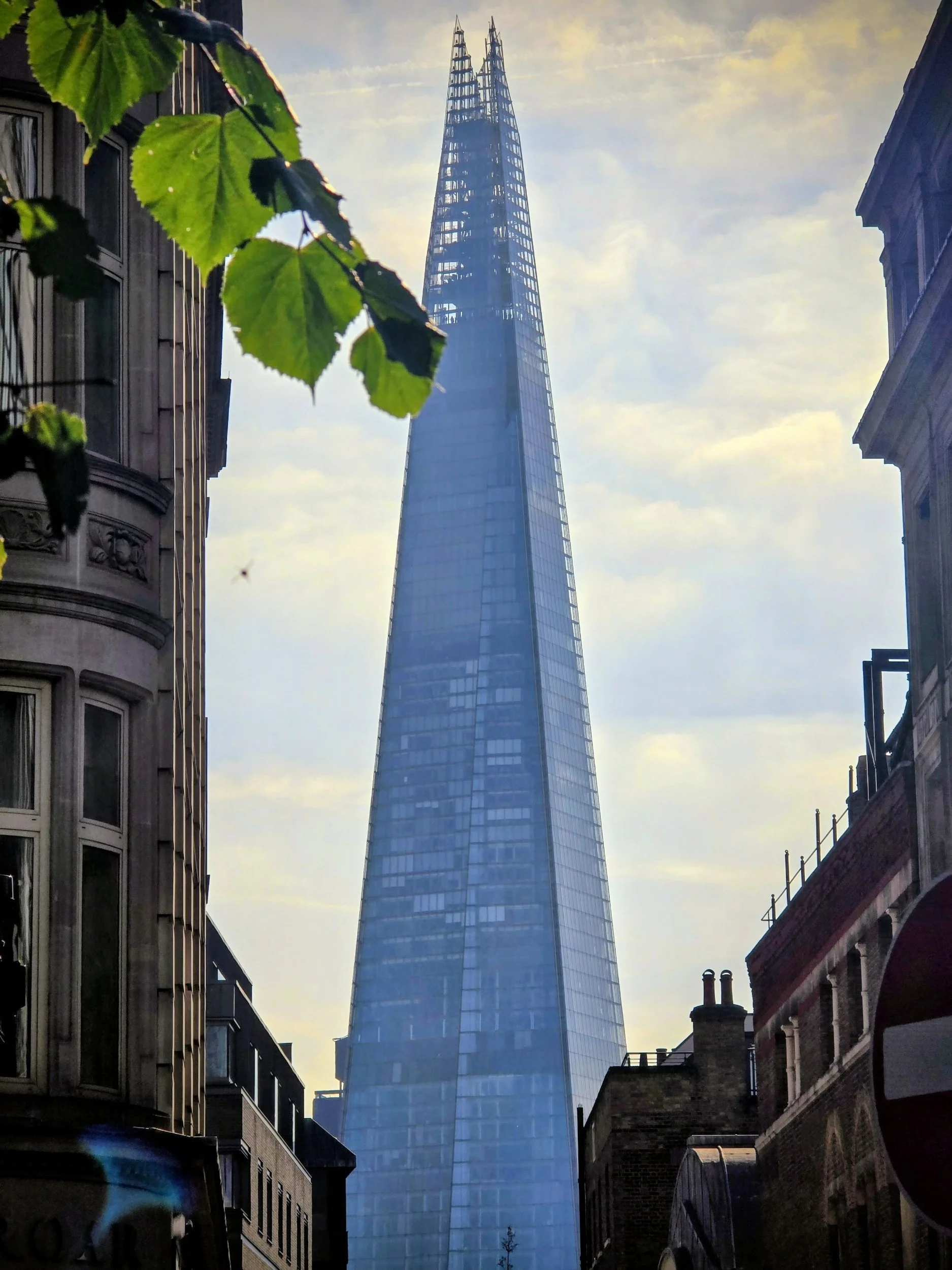 A view of the tall, glass skyscraper known as The Shard in London, seen from a street framed by older buildings and greenery.