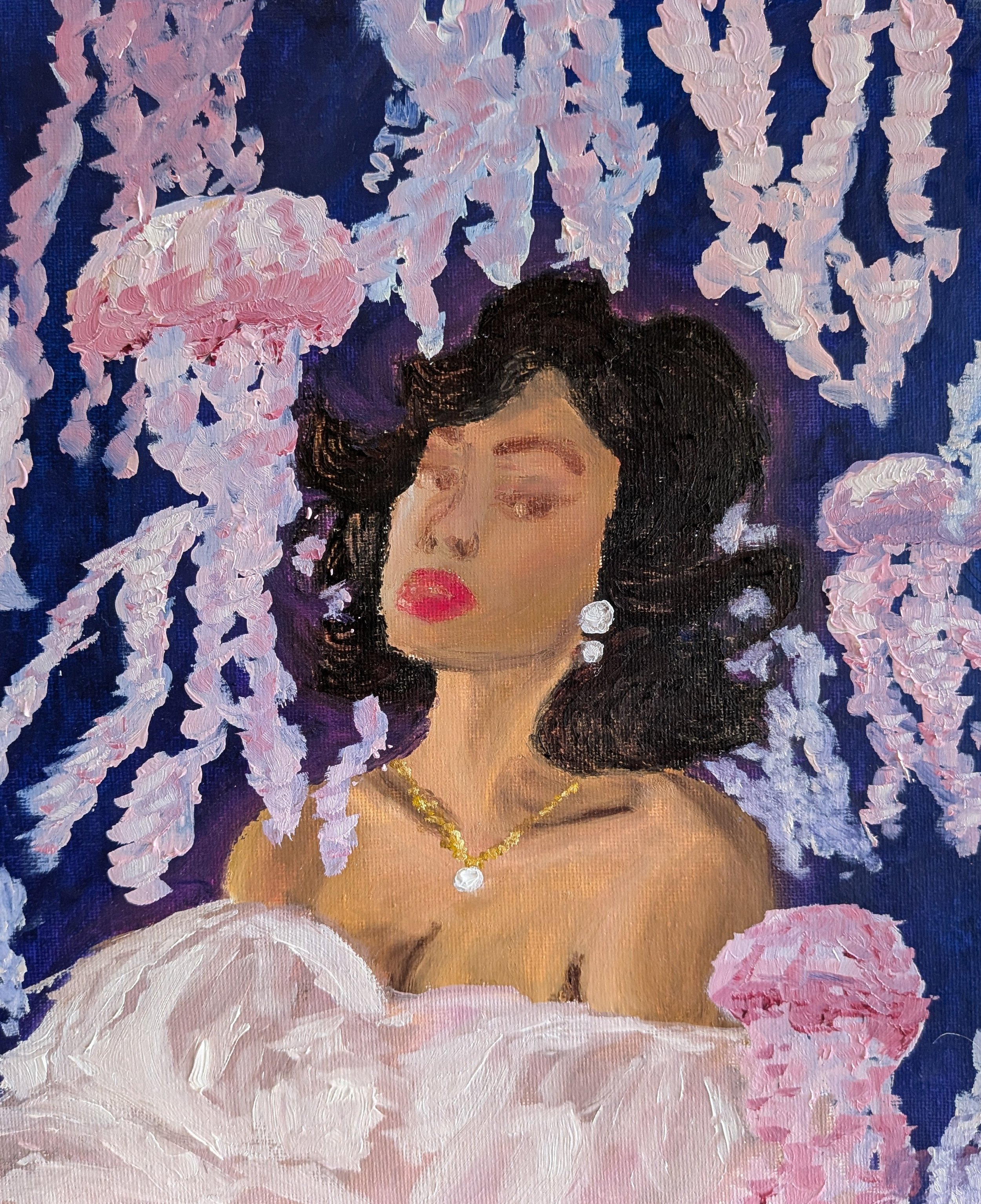 woman with a silk dress and a pearl necklace with jellyfish surrounding her