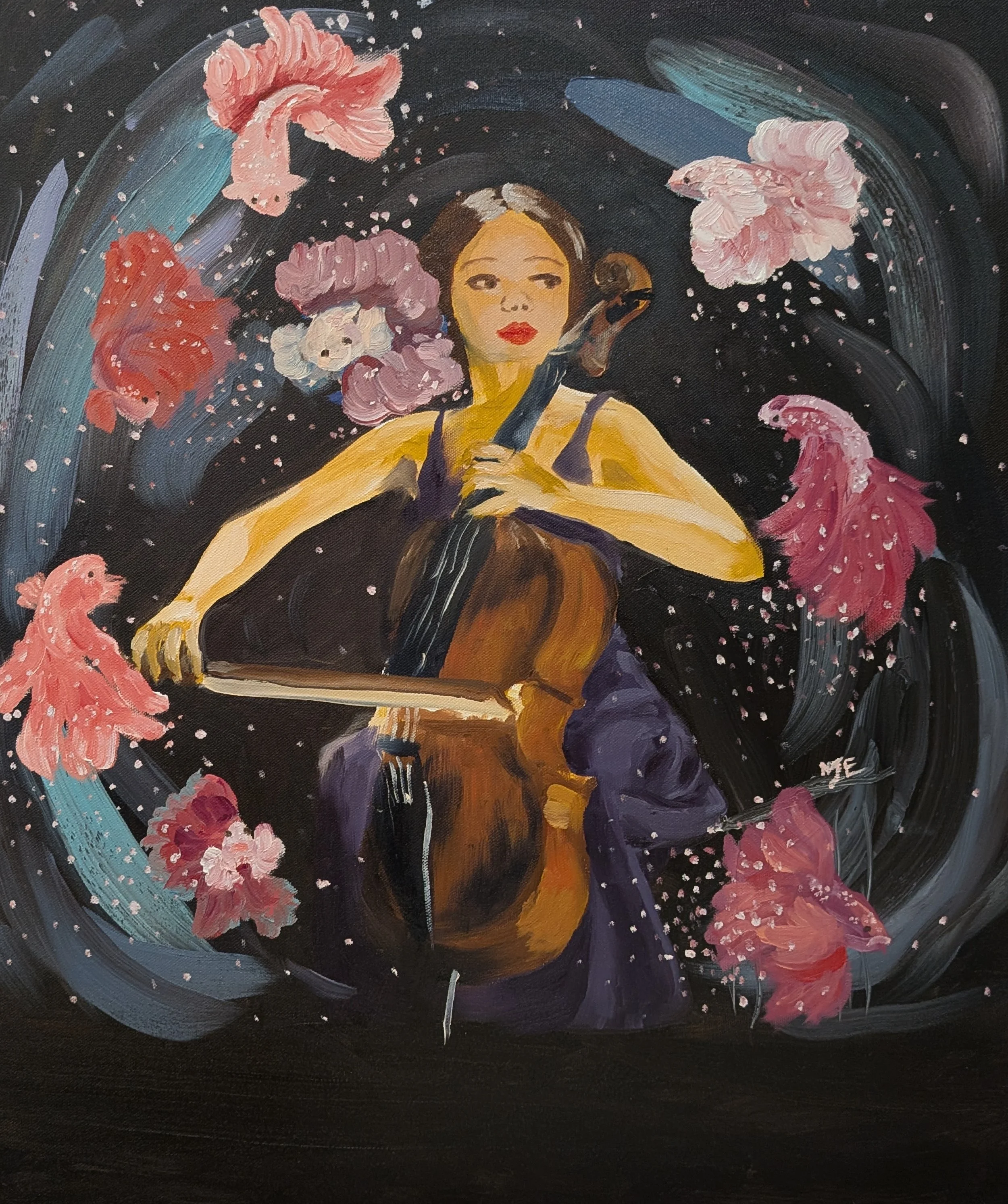 woman playing cello with fish swimming around her
