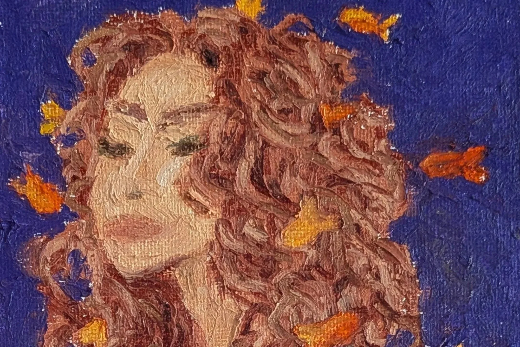 oil pastel of woman with goldfish swimming around her and in her hair