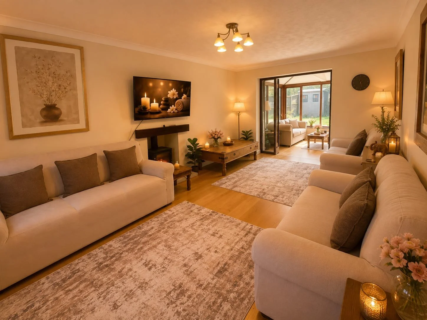 Large Living room with beige sofas, brown pillows, wooden floors, a TV on the wall, and large windows opening to a sunlit patio with outdoor furniture, decorated with candles, lamps, and plants. Refreshments available for those waiting for a Massage