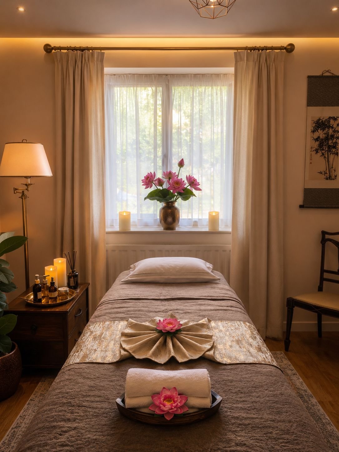 A spa or massage room with a bed set up, decorated with rolled towels, pink flowers, and a golden token on a tray, near a window with sheer curtains and potted plants, creating a calming atmosphere.