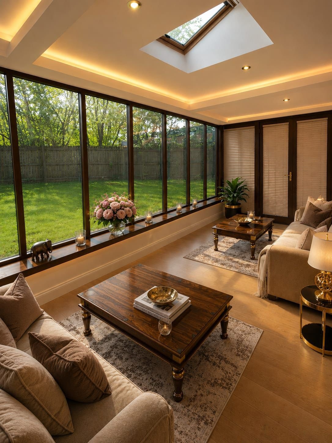 Relaxing Living room/Waiting room in a bright conservatory with large windowed wall overlooking a green backyard, with beige sofas, wooden coffee tables, a potted plant, flower vase, candles, and decorative rugs.
