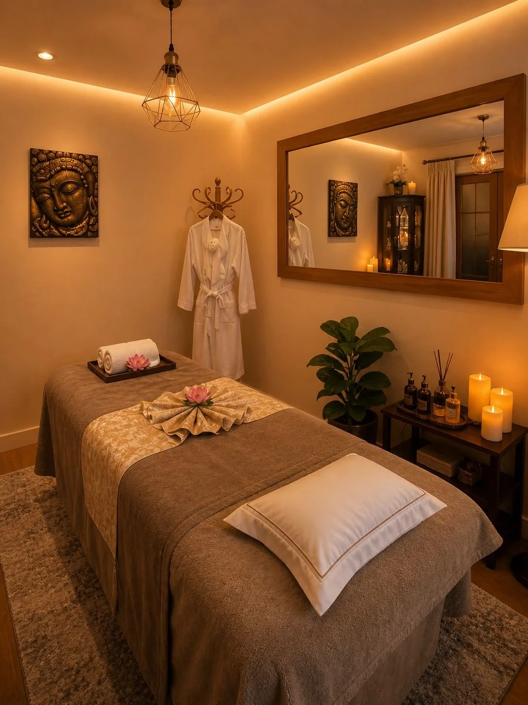 A massage room with a massage table decorated with a flower towel. There is a lamp, candles, and spa products on a small table, and a large mirror on the wall. A white bathrobe hangs on a hook, and decorative artwork and a plant are also in the room.