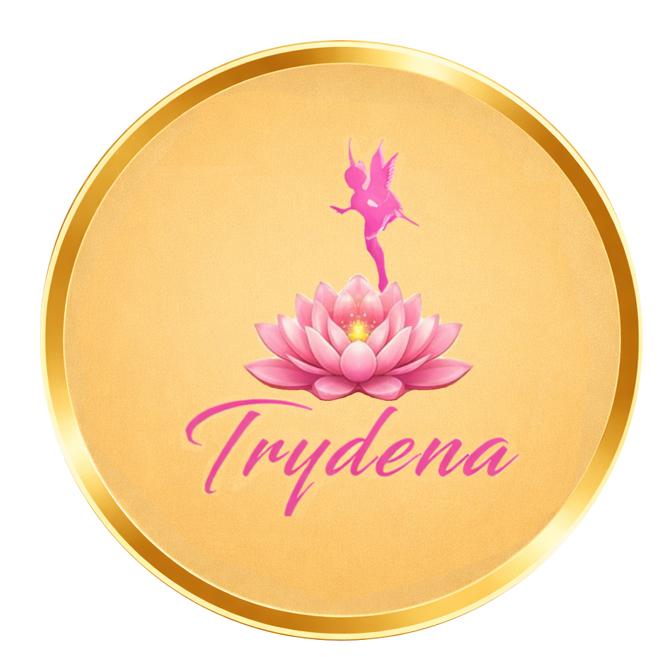 A circular logo with a gold border, featuring a pink fairy perched on a pink lotus flower and the word "Trydana" written below in pink cursive. A logo for a health and wellbeing service located in Chorley. Offering traditional Thai Massages