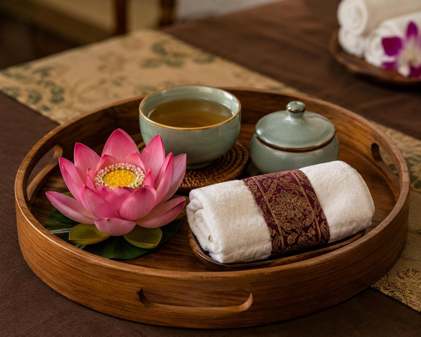 A tray with a pink lotus flower, a rolled white towel with a decorative band, a cup of tea, and a small ceramic container, set on a table with a patterned cloth in the background.