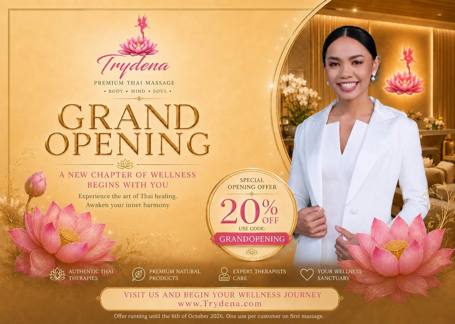 An advertisement for a Thai massage spa grand opening event. The image features a smiling woman in a white outfit, with a wellness-themed background including lotus flowers and soft lighting. The event offers a 20% discount using the code GRANDOPENING, and highlights services like authentic Thai therapies, natural products, expert therapy care, and a wellness sanctuary.