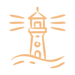 Simplistic line drawing of a lighthouse on a small hill with waves in the foreground.