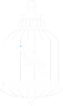 Outline of a bird inside a decorative birdcage with a rounded top and base.