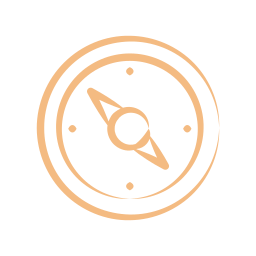 Icon of a compass with a black background and gold outlines.