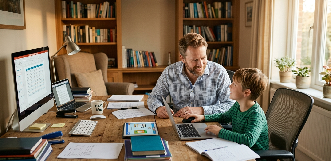 A father and son sitting at a wooden desk in a home office, engaging in a conversation while working on laptops. The desk has books, papers, a tablet, a keyboard, a computer mouse, and a mug that says 'Dad's Mug'. There are bookshelves and a large window with plants in the background.