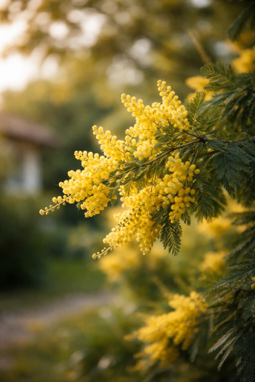 Fleurs jaunes d'un arbre, probablement du mimosa, en plein épanouissement, avec un fond flou à cazaux