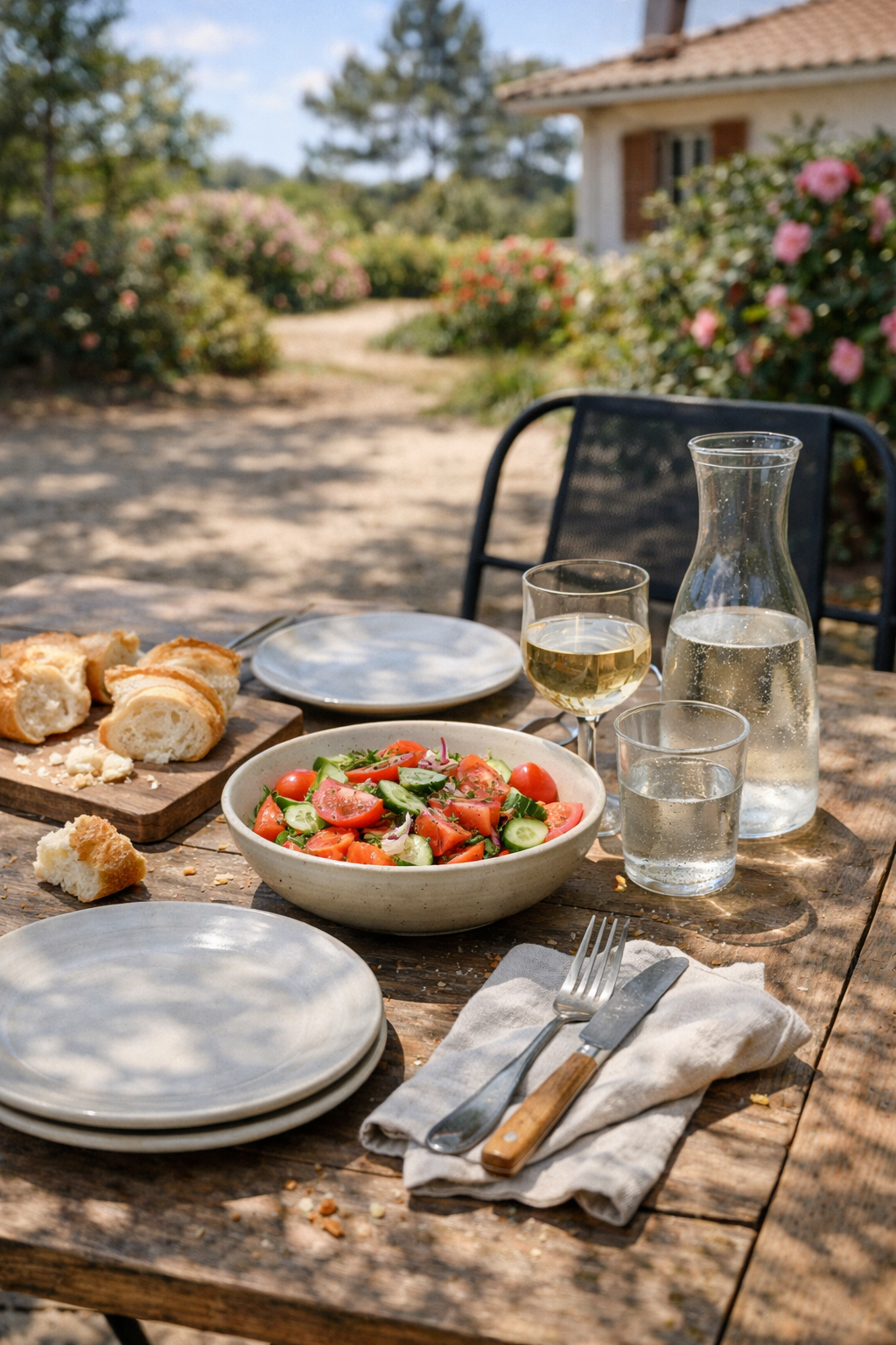 Repas d'été en plein air avec salade, pain, vin blanc dans un jardin à cazaux