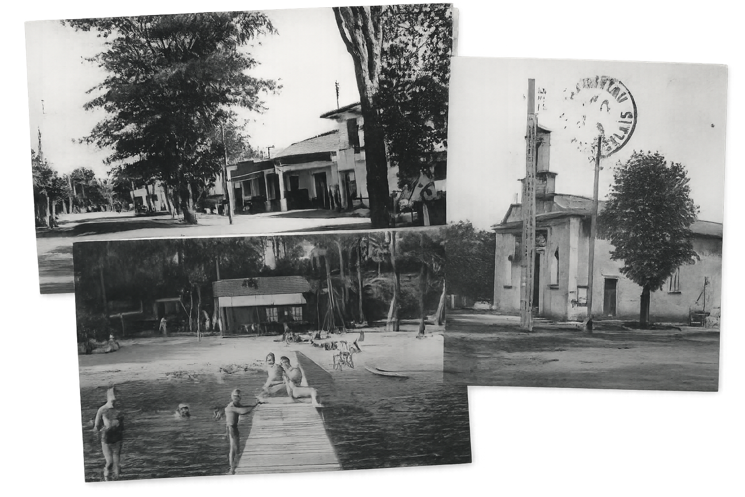 Une composition de plusieurs photos en noir et blanc représentant le village cazaux. On voit une rue bordée d'arbres, une maison ou un bâtiment avec des colonnes, et une scène de piscine avec des enfants nageant ou jouant dans l'eau.