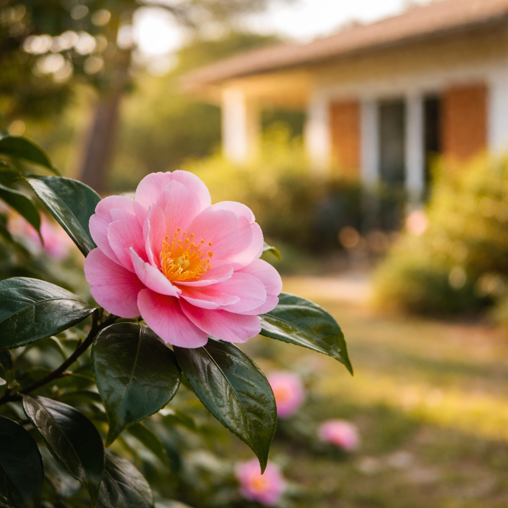 Une fleur rose dans un jardin avec une maison en arrière-plan, en fin d'après-midi ou au coucher du soleil à cazaux