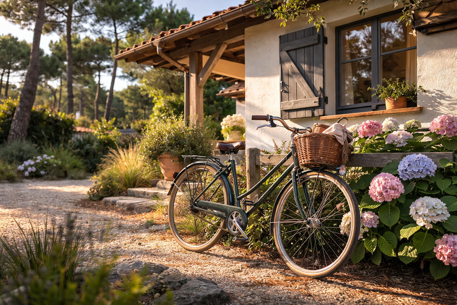 Une maison de campagne avec un vélo garé devant, entourée de fleurs colorées, notamment des hortensias, dans un paysage ensoleillé à cazaux