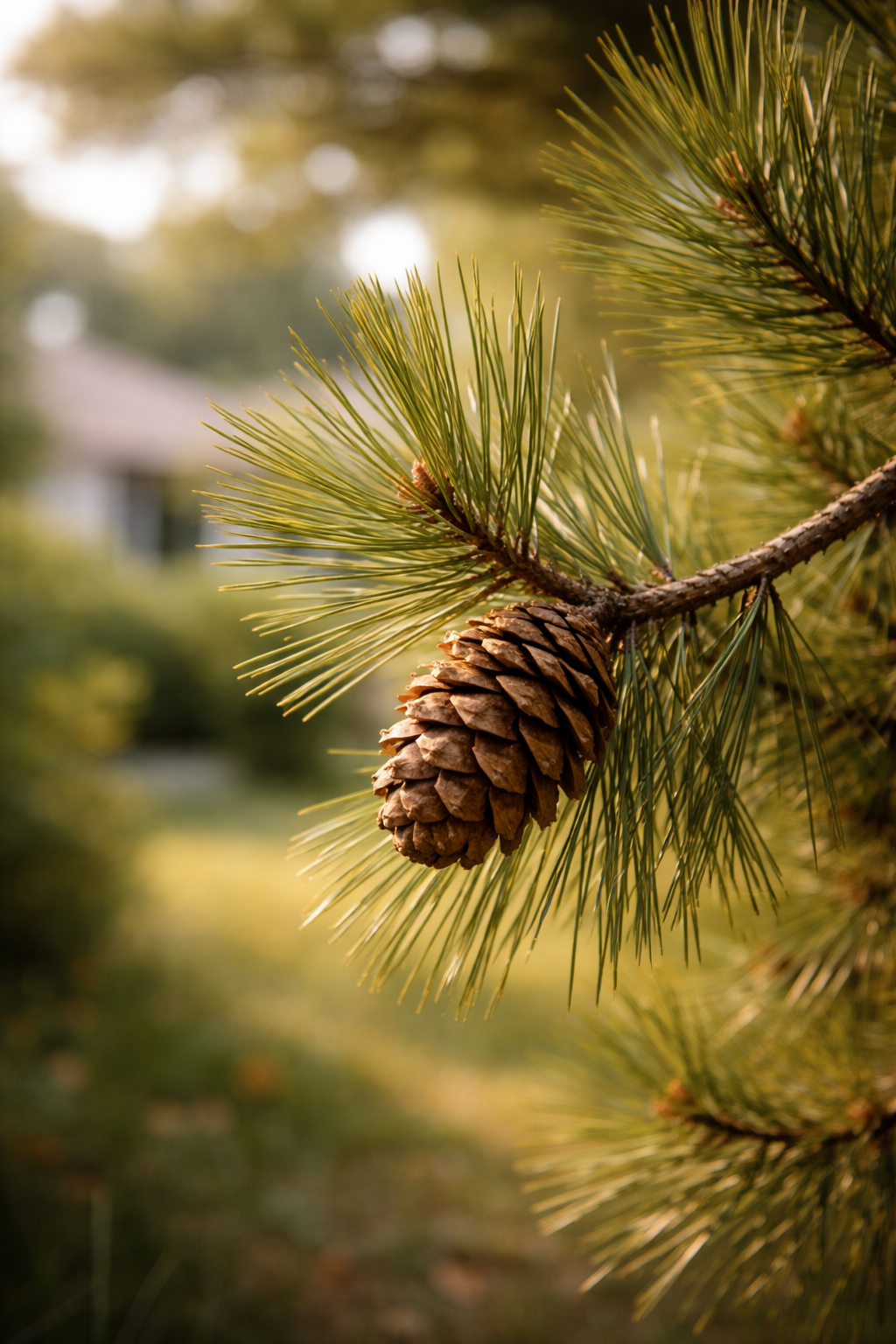 Pigne de pin sur une branche, entourée de longues aiguilles vertes, avec un fond flou de nature et de lumière solaire à cazaux
