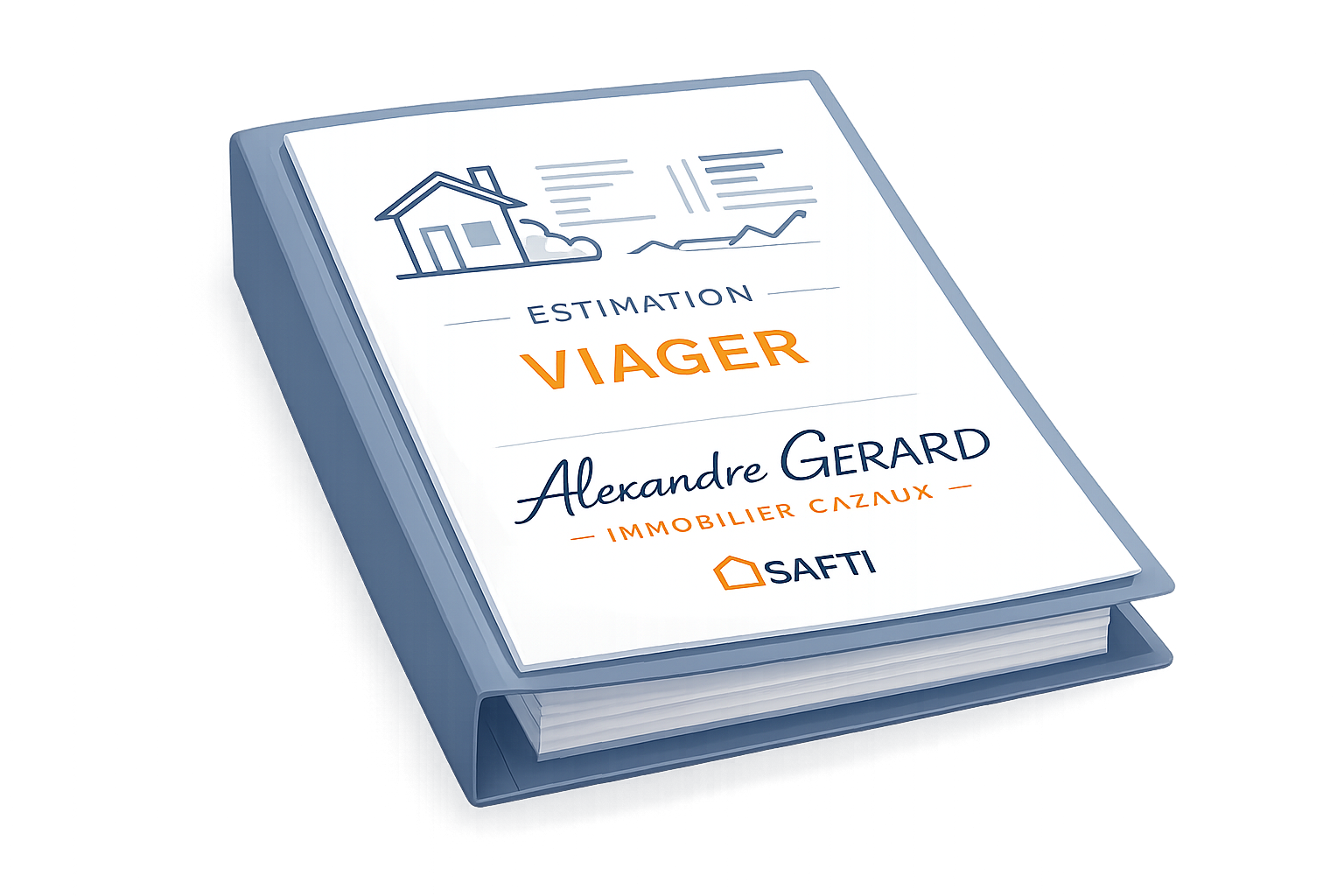 Couverture d'un rapport d'estimation immobilière avec illustration d'une maison et graphes, présentant le nom Alexandre Gerard, agent immobilier de CAZNAUX, et logo SAFTI.