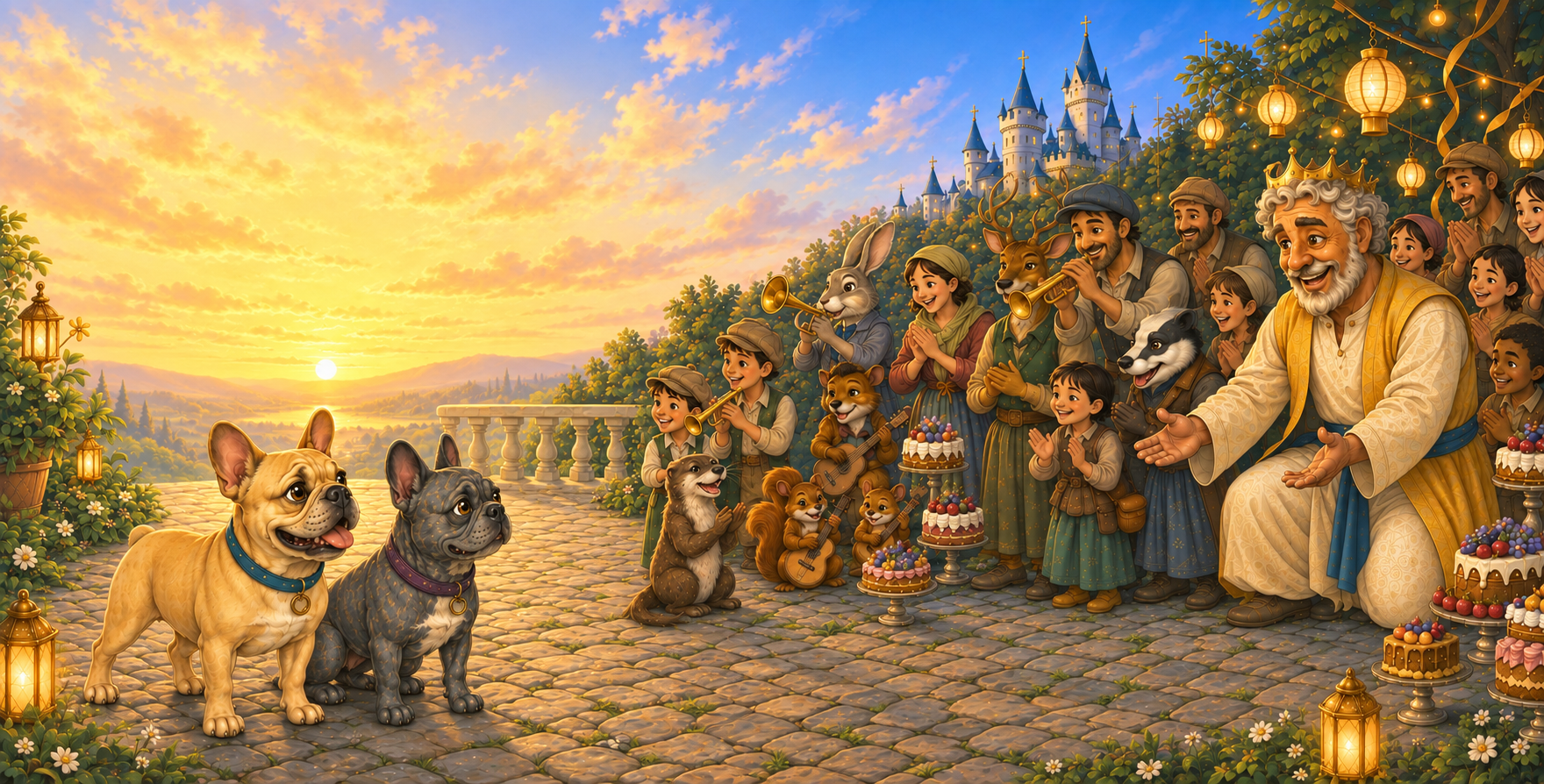 Mary and Dexter celebrating with the king, villagers, and woodland musicians outside the Fairytail castle.