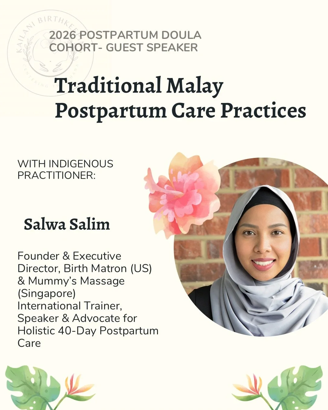 Aloha everyone! We are gearing up for our postpartum doula training &amp; cohort. We are so excited and extremely honored to introduce our first guest speaker for the 2026 cohort, @birthmatron Salwa Salim 🌺

She will be speaking on Malay traditional