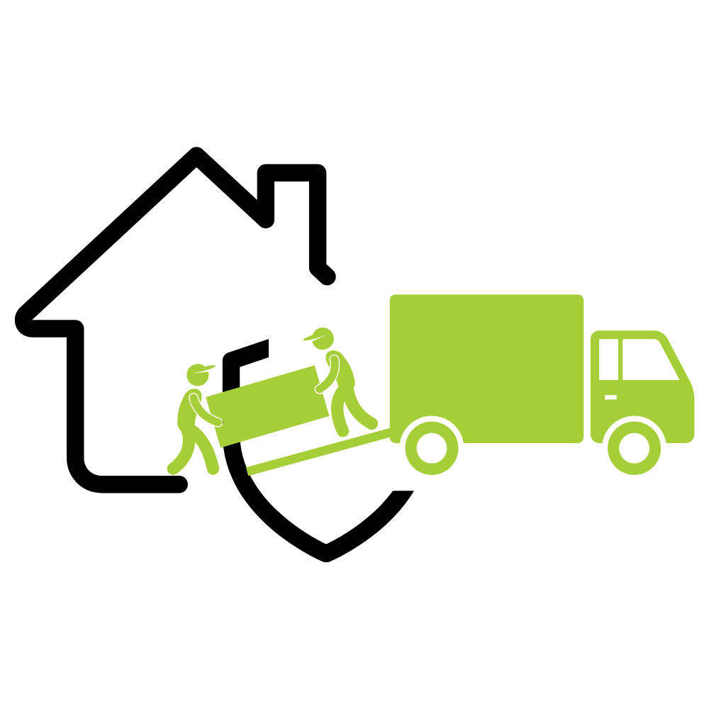 Illustration of two people loading a box into a moving truck.