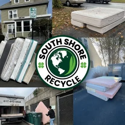 A collage of images showing a South Shore Recycle logo surrounded by mattresses, trash, and recycling bins.