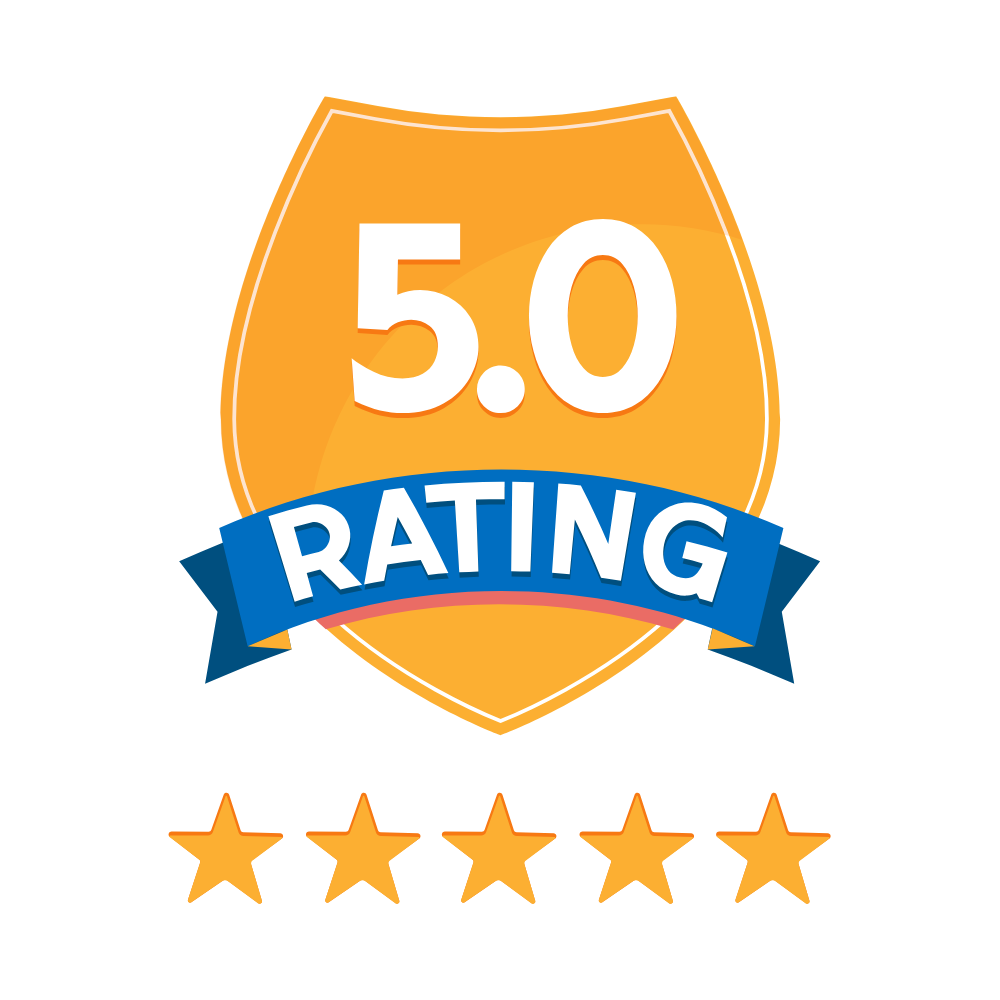 A badge with a gold shield shape, displaying a 5.0 rating with a blue ribbon below it that says 'RATING', and five gold stars underneath.