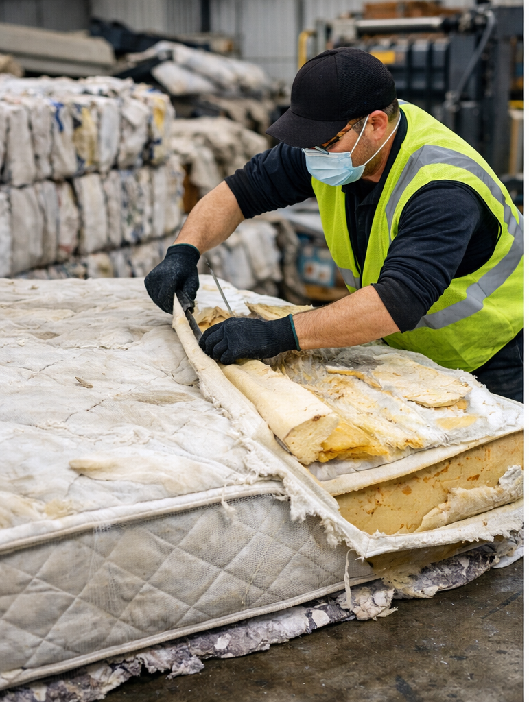 A worker wearing a yellow safety vest, black cap, gloves, and a face mask is inspecting and peeling back the fabric layer of an old, damaged mattress in a warehouse or recycling facility.