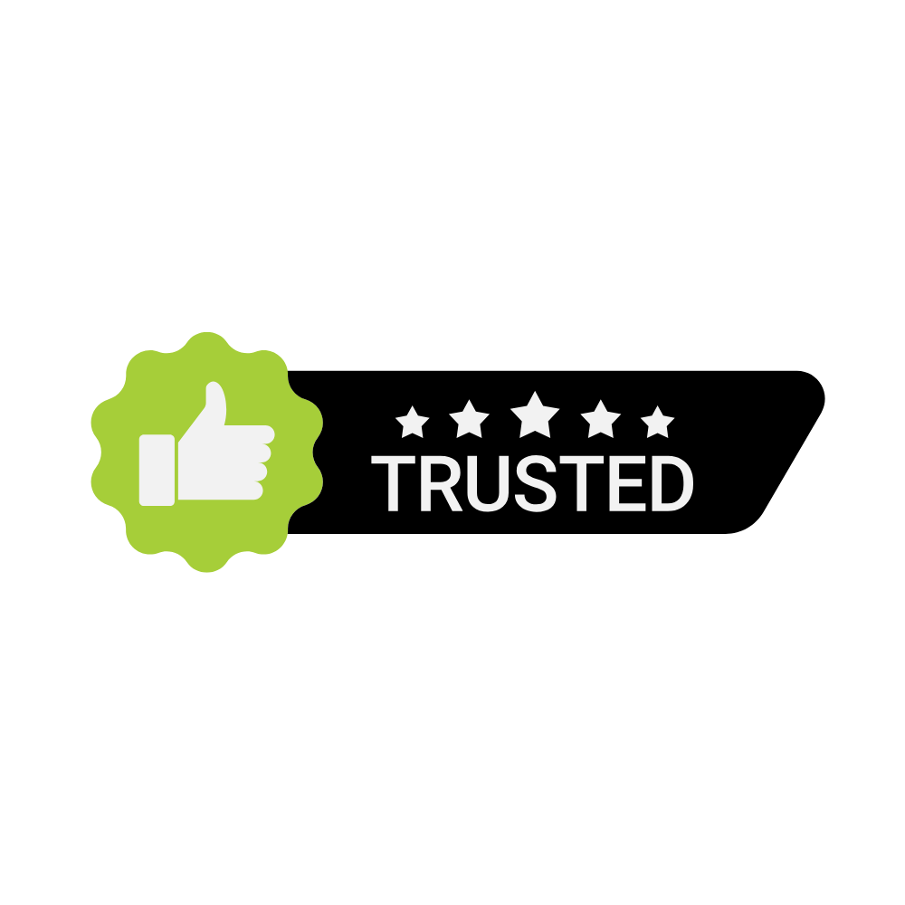 A black background with a green badge containing a white thumbs-up icon; to the right, five stars and the word "TRUSTED" in white.