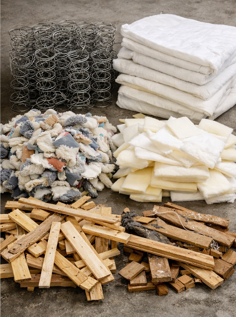 Stacks of metal springs, folded white insulation blankets, torn carpet pieces, white foam panels, and assorted wooden sticks on a concrete floor.