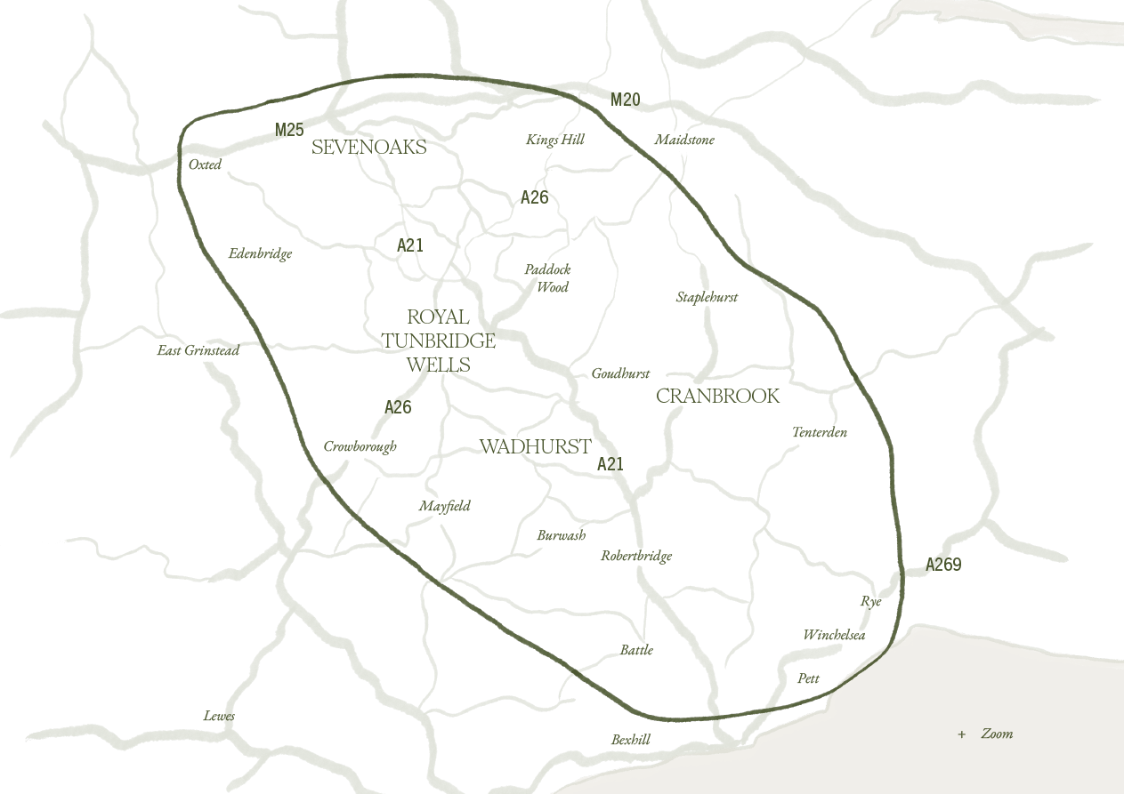 Location map of Kent, featuring Sevenoaks, Tunbridge Wells, Wadhurst & Cranbrook