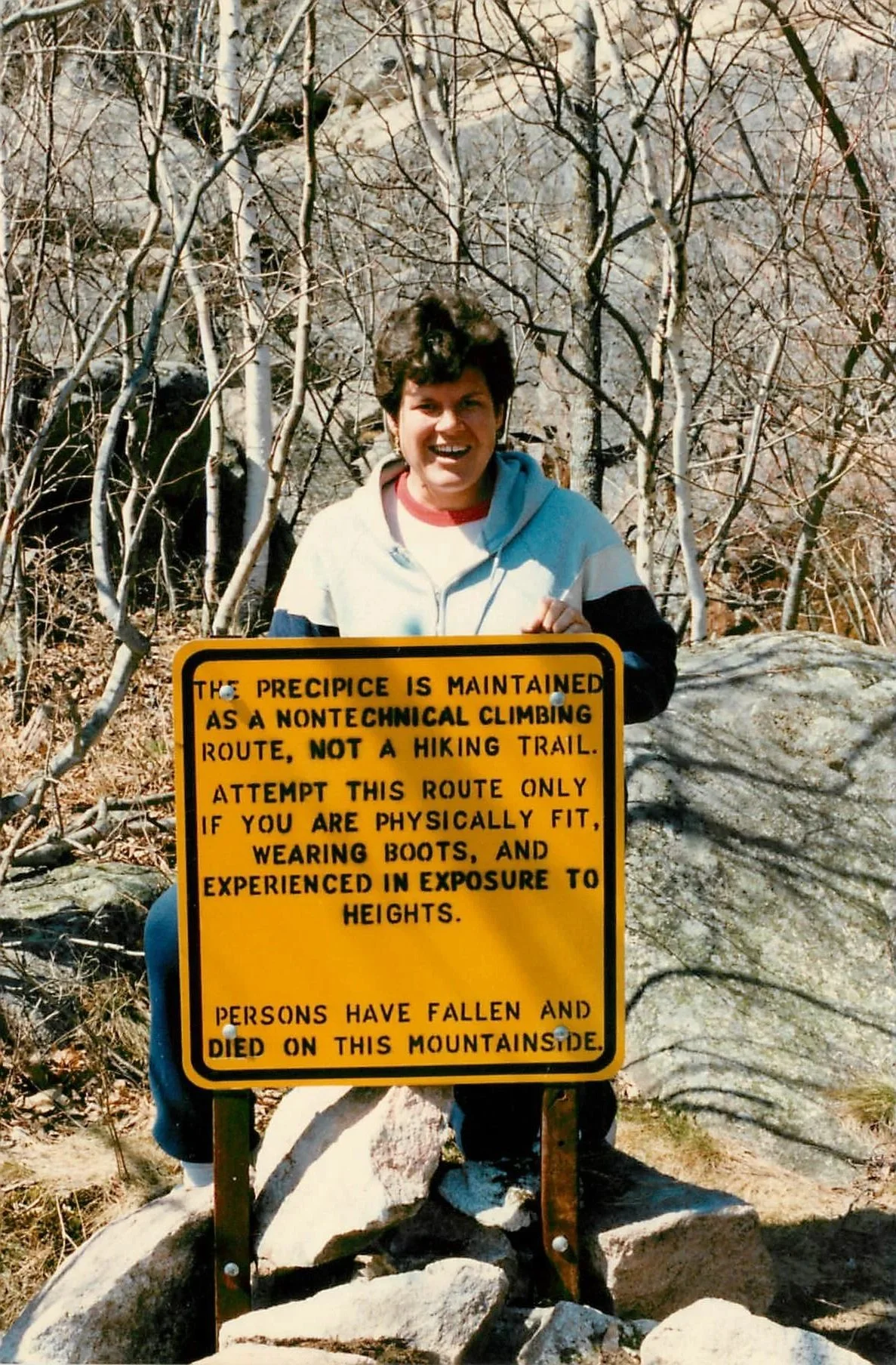 Linda at the sign we discovered AFTER we hiked the trail 1987