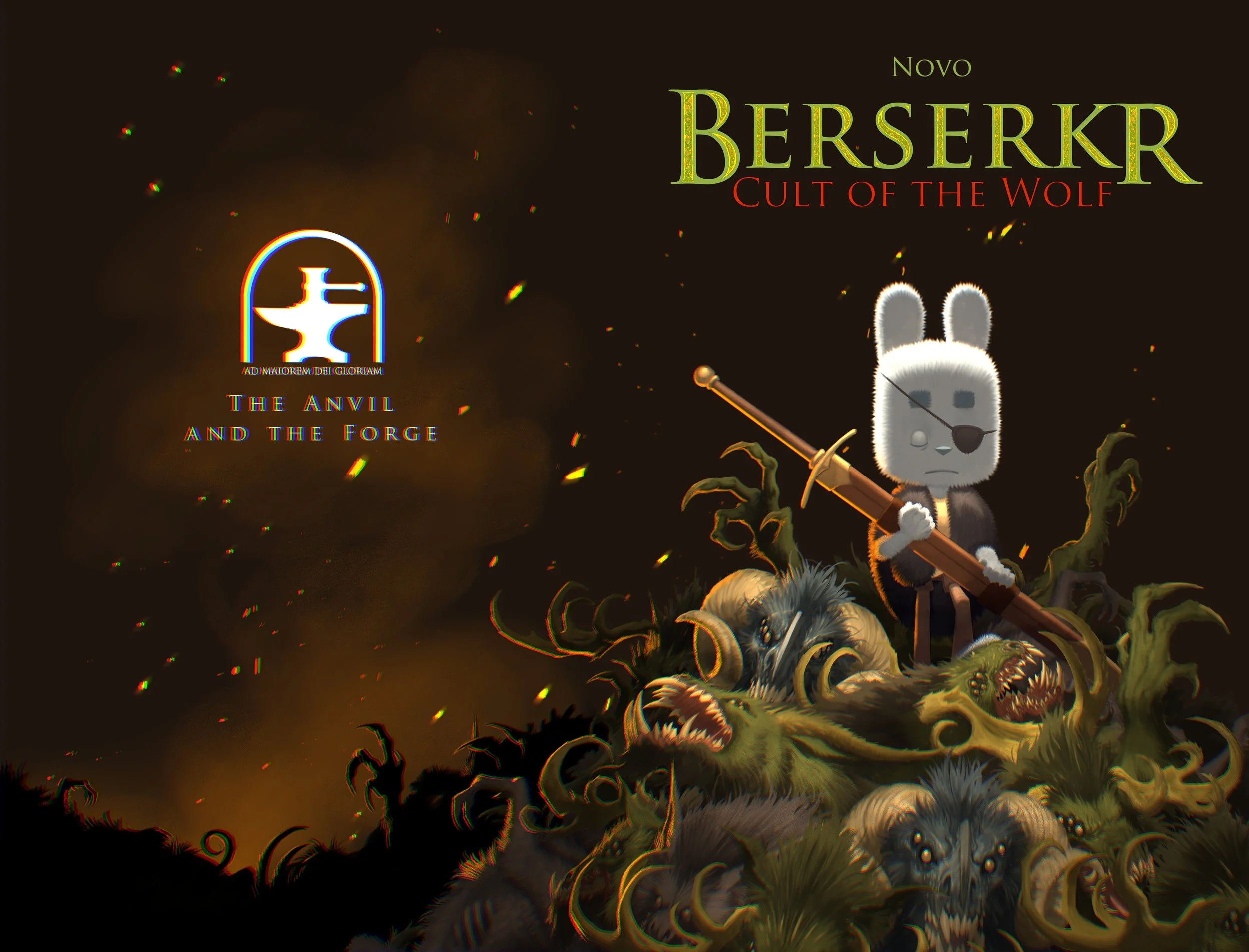 A cartoon rabbit character with an eyepatch and a black jacket holding a sword, standing on a pile of monstrous, wolf-like creatures with glowing eyes, set against a dark background with glowing particles. Text on the image reads "Berserk: Cult of the Wolf" and includes a logo with an anvil and the Latin phrase "Ad Majorem Dei Gloriam."