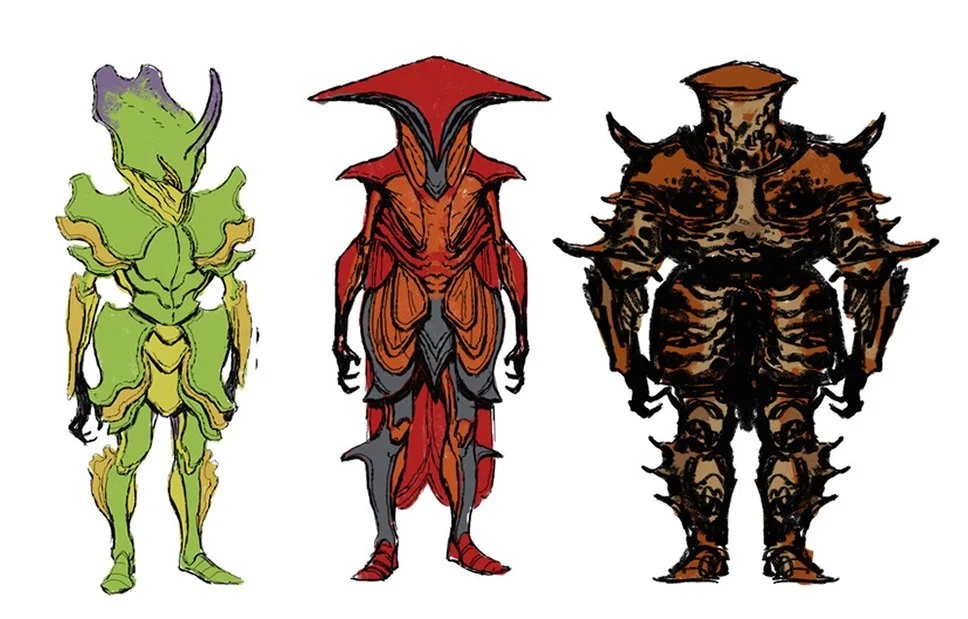 Three colorful, armored, insect-like creatures with distinct body shapes and horned or spiked appearances.