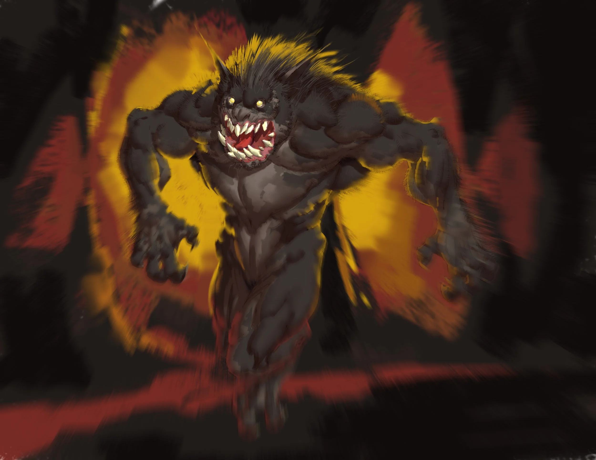 A fierce, muscular, monstrous creature with black fur, glowing yellow eyes, sharp teeth, and a snarling expression, running forward with a fiery background.