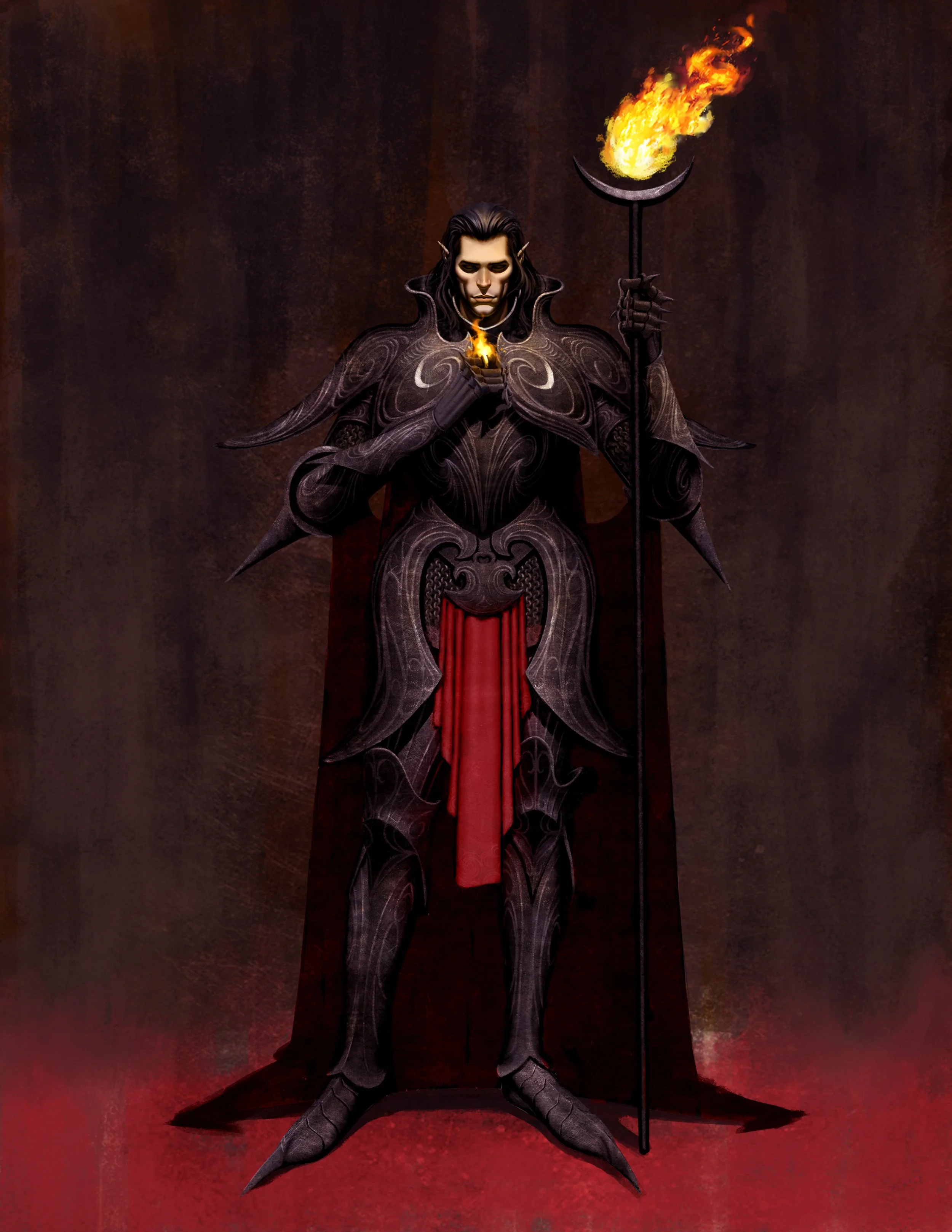 Fantasy character dressed in black armor with red cloth, holding a staff with a flaming crescent shape and a lit torch, standing against dark background.