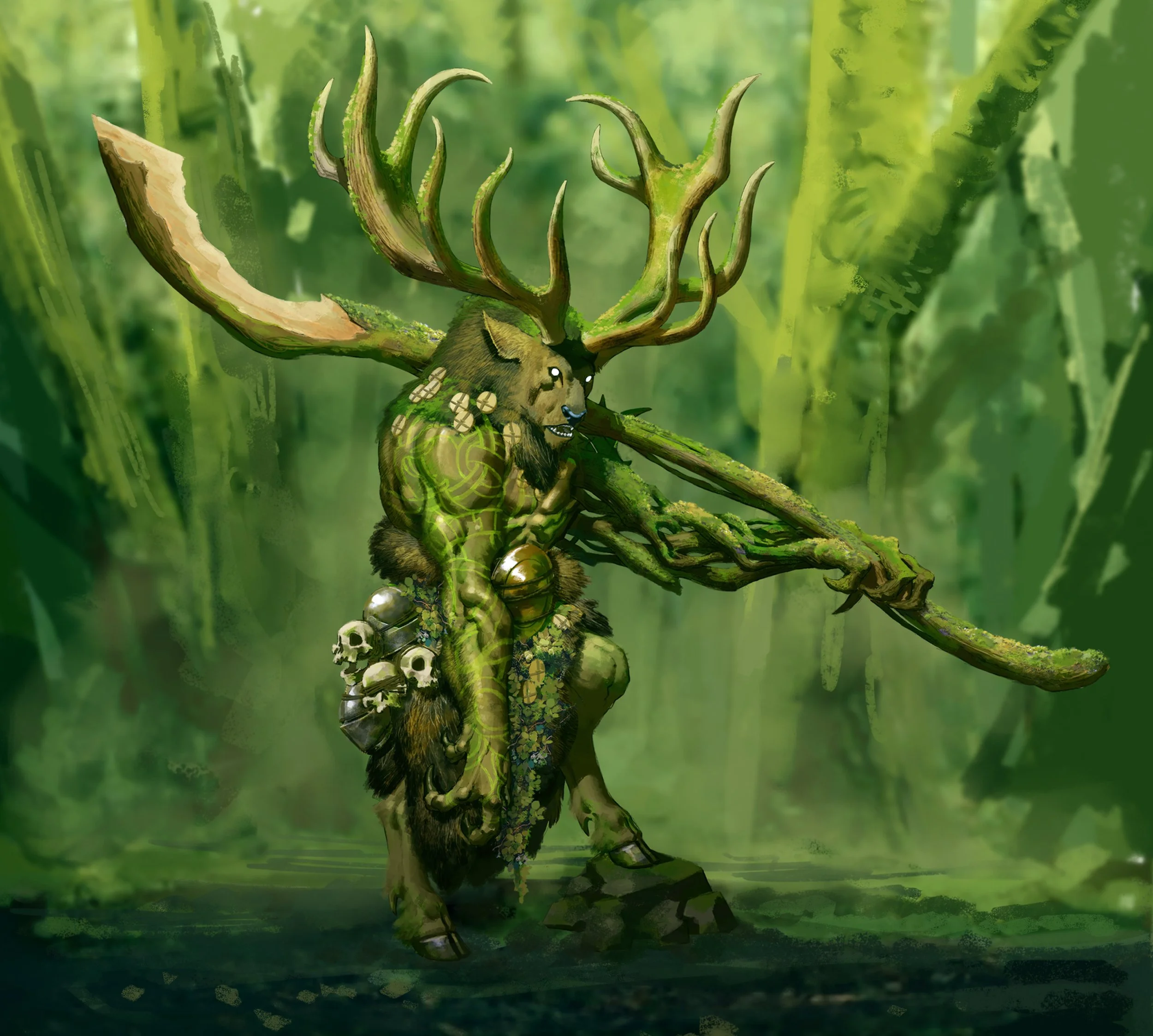 A fantasy creature with the body of a beast, green glowing patterns on its arm, a lion's face, and large antlers, standing in a dense forest. It holds a staff and has small skull decorations attached to its fur/skin.