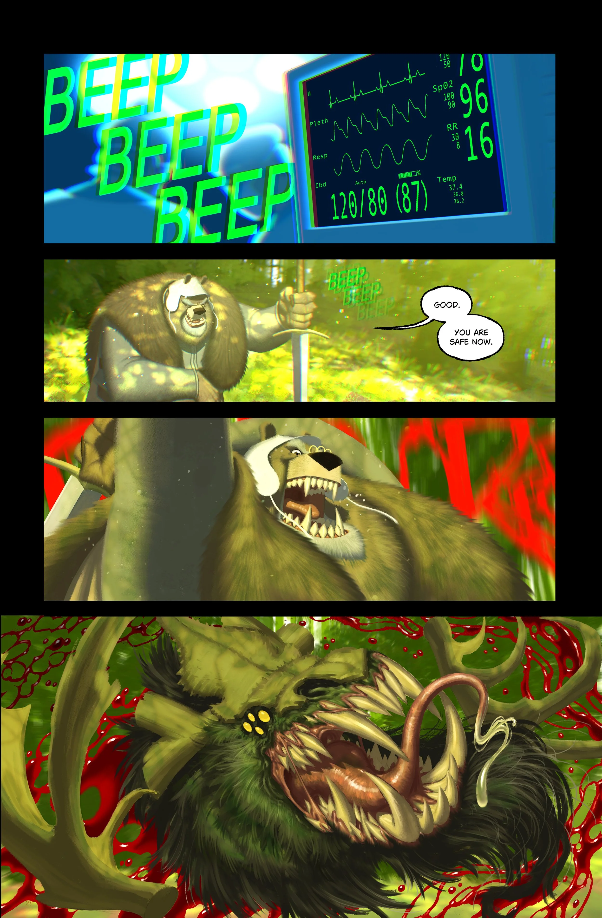 A comic strip with four panels. The first panel shows a digital heart monitor and the words 'BEEP BEEP BEEP' in green text. The second panel depicts a friendly-looking, muscular bear in a forest, giving a thumbs up and saying, 'Good. You are safe now.' The third panel shows the same bear with sharp teeth, roaring aggressively in a red and green background. The fourth panel reveals a monstrous, snarling creature with large teeth and a long tongue, surrounded by blood and tentacle-like appendages.