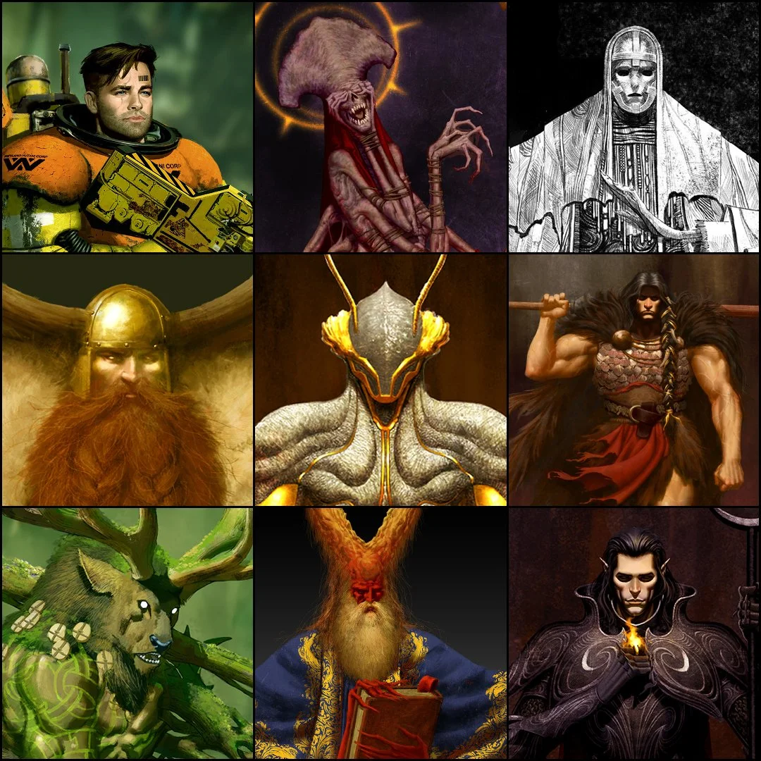 A collage of nine fantasy and sci-fi characters, including a soldier in orange armor, an alien creature, a robot, a warrior with a long beard, a humanoid insect with a metallic head, a muscular warrior holding a staff, a horned creature, a bearded king with a staff, and a dark elf with magic.