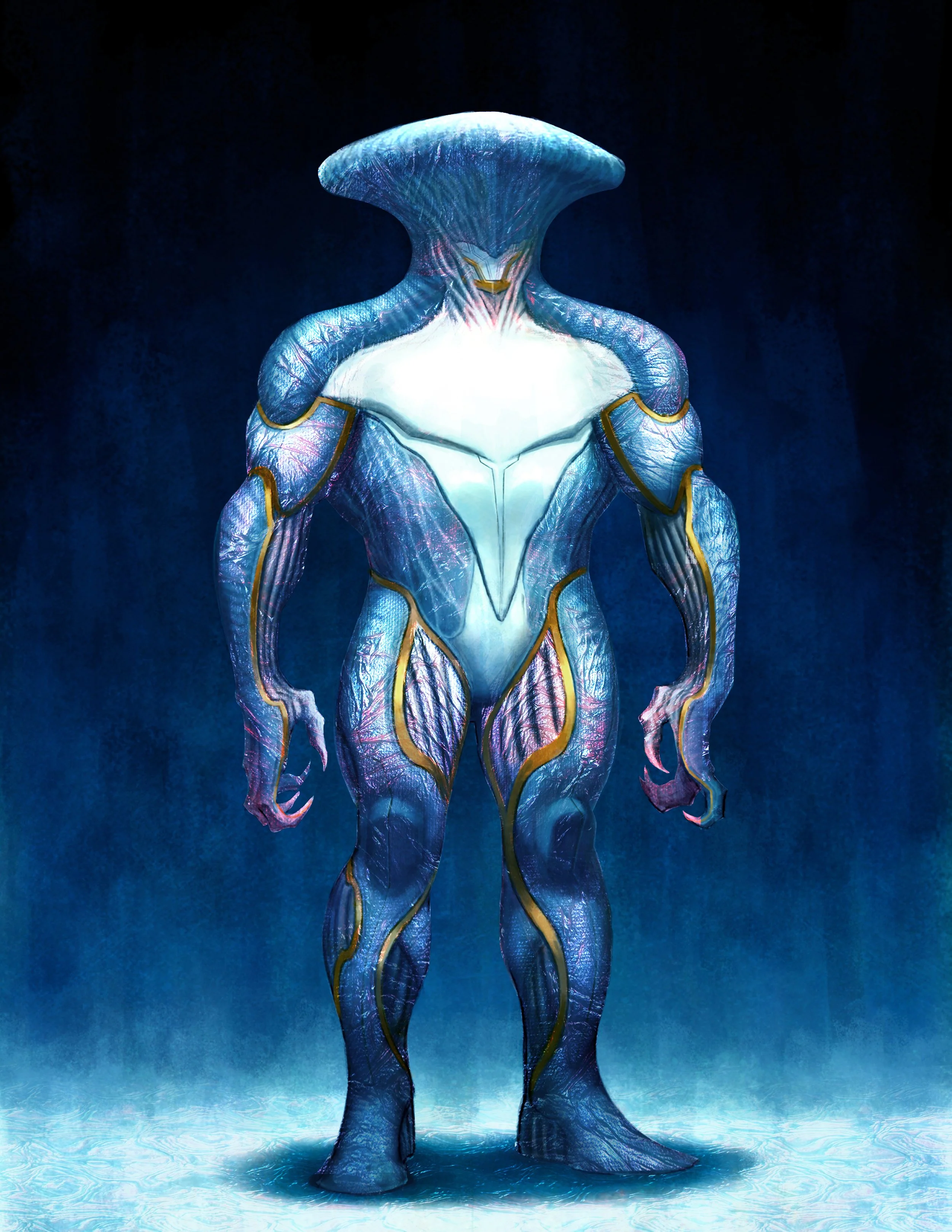 A futuristic, humanoid alien creature with a large head, muscular body, and iridescent blue and purple skin with gold accents, standing on a glowing surface in front of a dark background.
