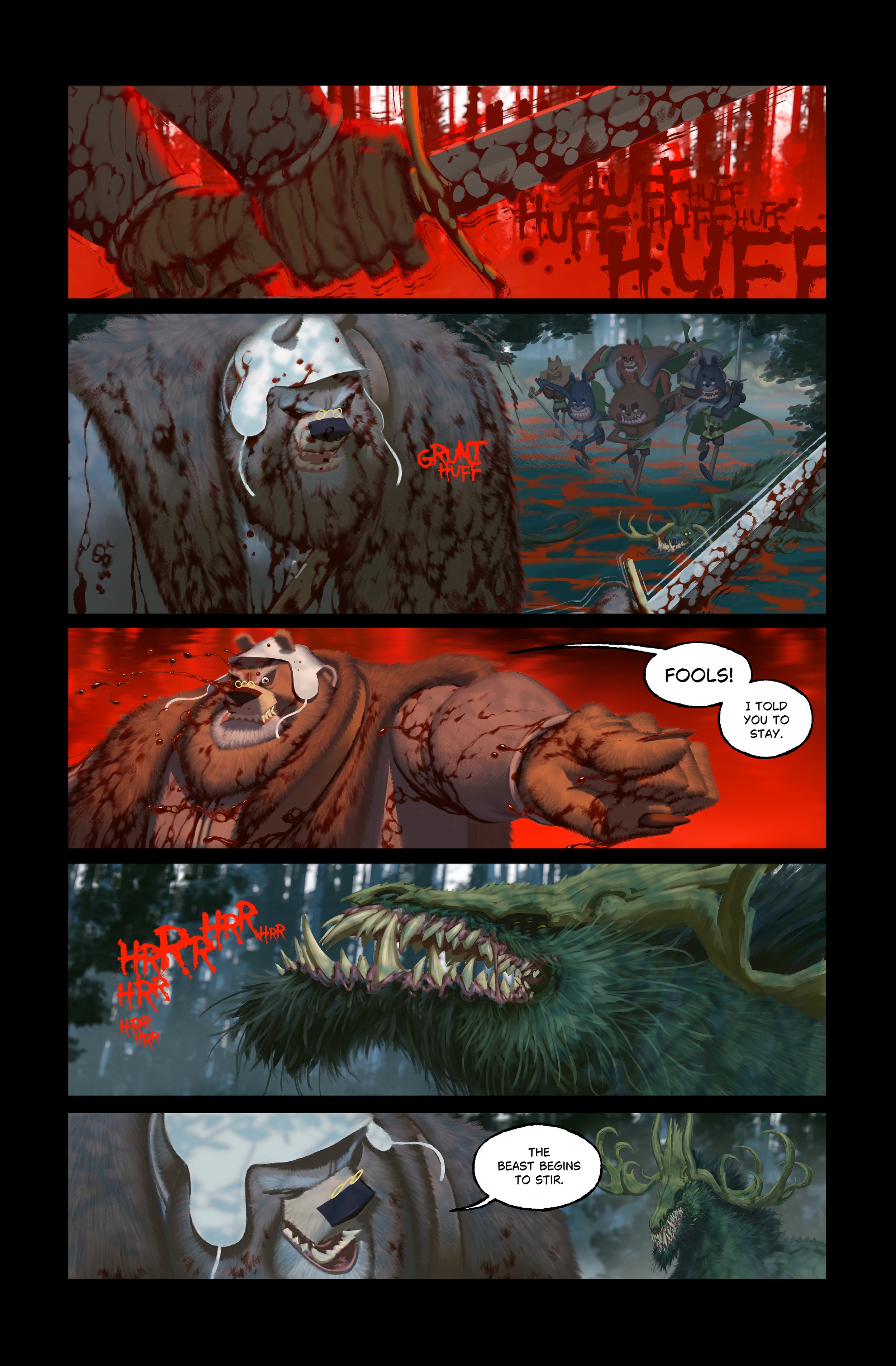 A dark fantasy comic strip depicting a fierce battle between animals and mythical beasts. It shows a bloodied sword, a large angry bear, a group of armed warriors, a monstrous creature with sharp teeth, and a sinister beast with antlers in a forest setting.