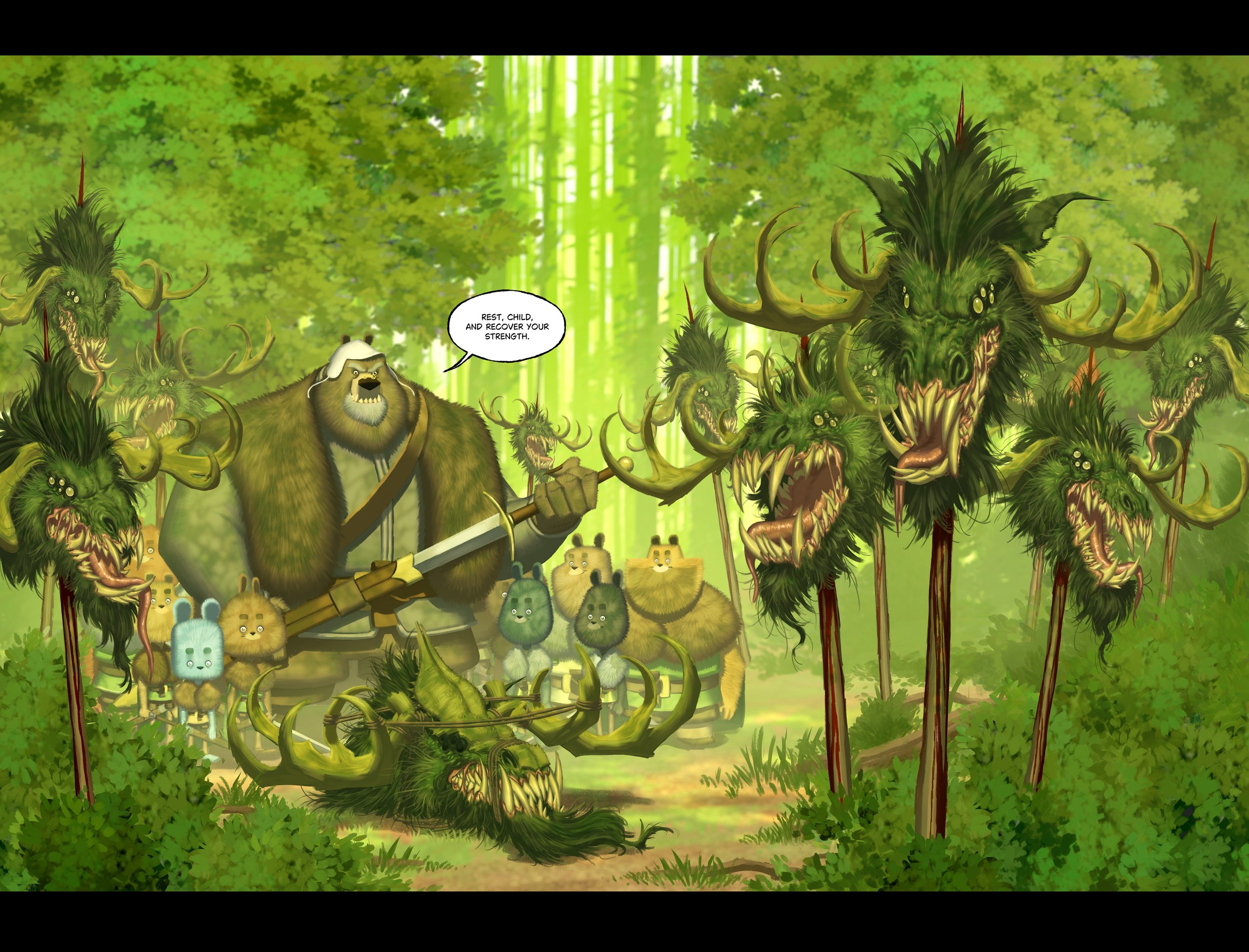 A fantasy scene in a lush forest with a large, muscular bear figure wielding a spear and wearing a white cap, surrounded by small animal characters. The bear is speaking to a group of monstrous creatures with multiple heads, sharp teeth, glowing eyes, and antler-like horns. One of the creatures is lying on the ground with a large skull and antlers. The scene appears to be a humorous or fantastical depiction.