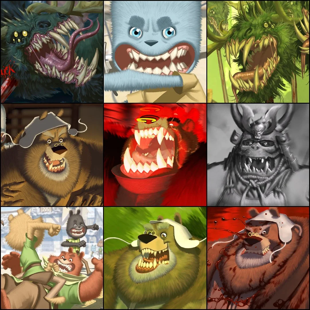 Collection of nine monster illustrations, each with fierce, exaggerated features, sharp teeth, and various colors, expressions, and backgrounds.