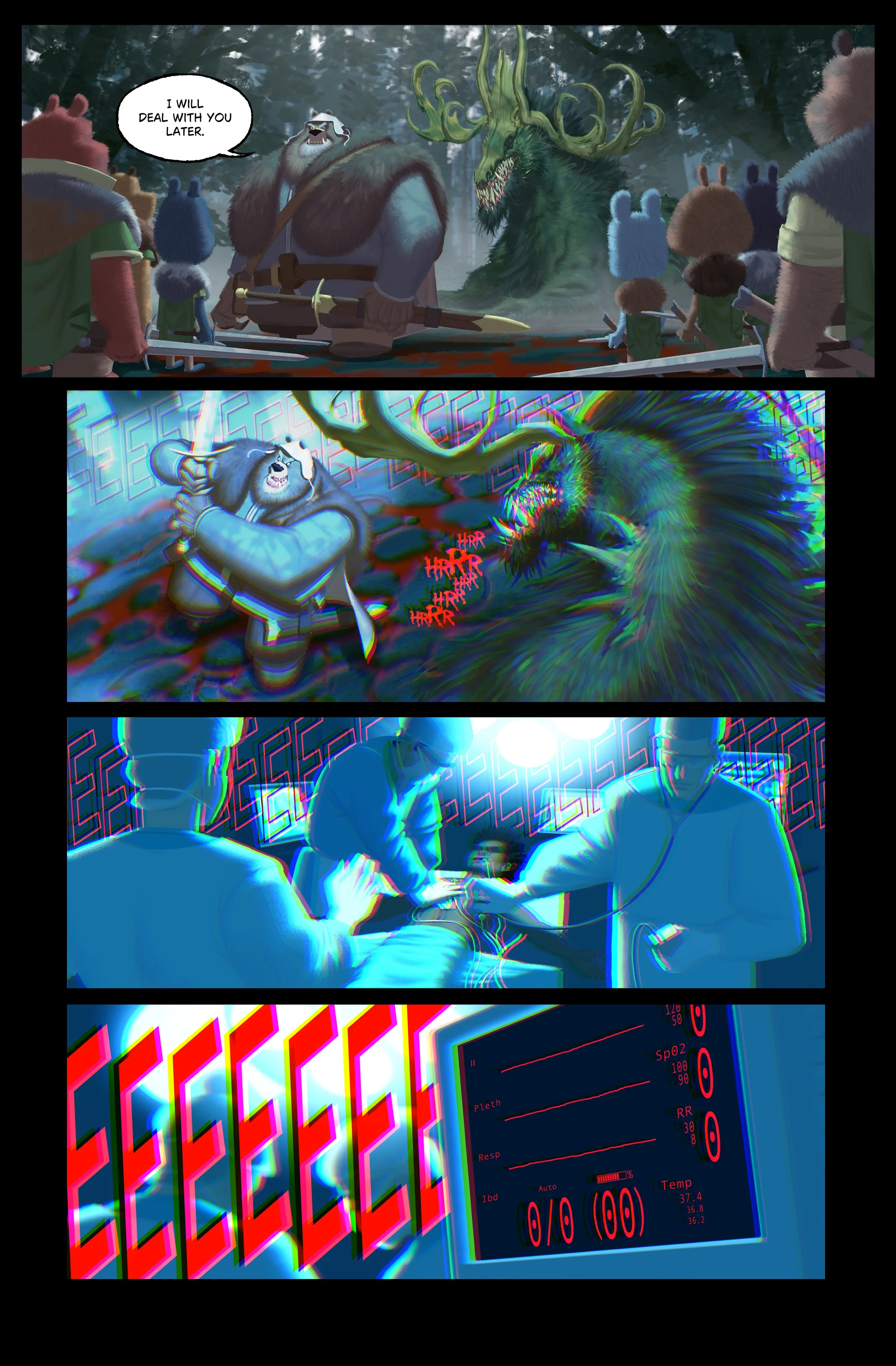 A comic strip series depicting a scene with mythical creatures and a medical examination. In the first panel, a group of animated anthropomorphic animals observe a large, green, dragon-like creature with tusks. In the second panel, a muscular, anthropomorphic bear is restrained on the ground while a terrifying, colorful monster with sharp teeth and a tongue emits red text "HARR" repeatedly. The third panel shows doctors or scientists in a laboratory examining a person lying on an examination table, surrounded by glowing computer monitors and equipment. The fourth panel displays a close-up of multiple red and white gauges and a computer screen with medical data.